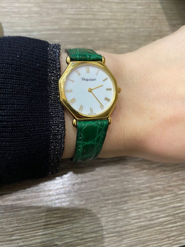 OROLOGIO PHILIP WATCH CASSA DORATA SWISS MADE AL QUARZO CINTURINO TARTARUGATO VERDE VINTAGE - immagine 3