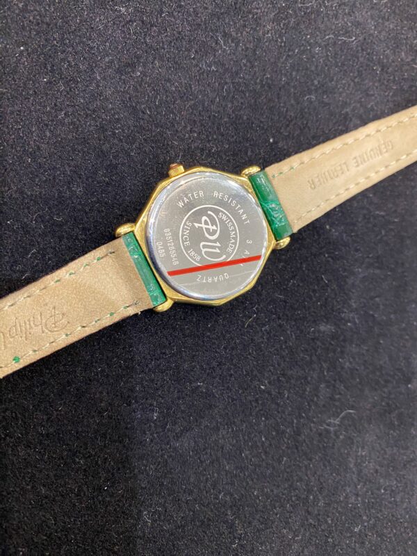 OROLOGIO PHILIP WATCH CASSA DORATA SWISS MADE AL QUARZO CINTURINO TARTARUGATO VERDE VINTAGE - immagine 5