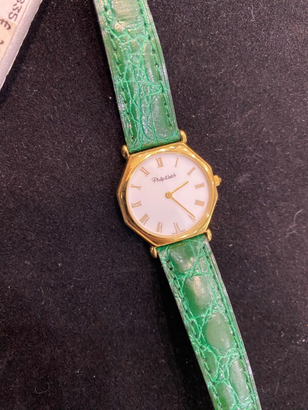 OROLOGIO PHILIP WATCH CASSA DORATA SWISS MADE AL QUARZO CINTURINO TARTARUGATO VERDE VINTAGE - immagine 2