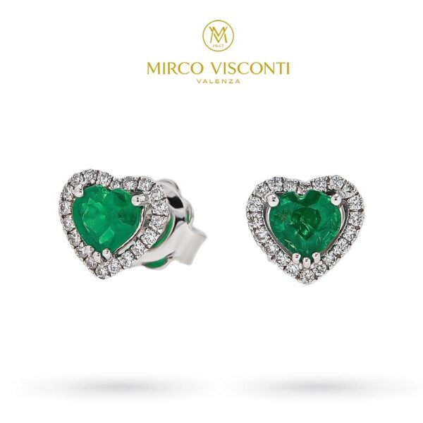 orecchini mirco visconti cuore punto luce brillanti ct.0,19 e smeraldi taglio cuore ct.0,65 smeraldo heart cut colombiano orecchni a vite oro 18 kt ABA1058/S