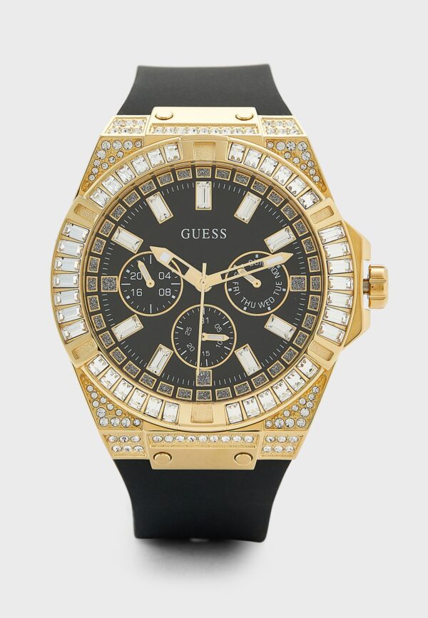 GUESS orlogio uomo silicone nero cristalli cassa dorata multifunzione acciaio oro nero GW0205G2