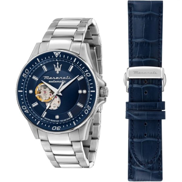 BOX MASERATI Orologio SFIDA  Uomo Acciaio quadrante blu Automatico solo tempo doppio cinturino