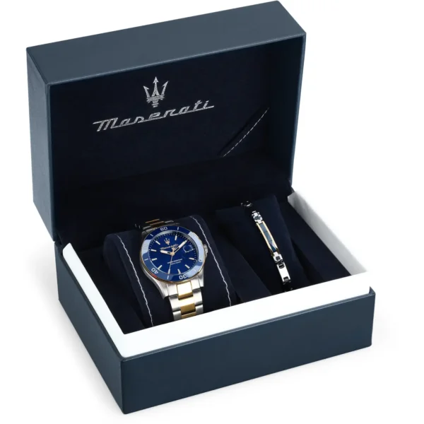 OROLOGIO MASERATI BOX COMPETIZIONE QUADRANTE BLU GHIERA IN CERAMICA CINTURINO IN ACCIAIO/ORO BICOLORE + BRACCIALE CON LOGO R8873600007-36030701 - immagine 2